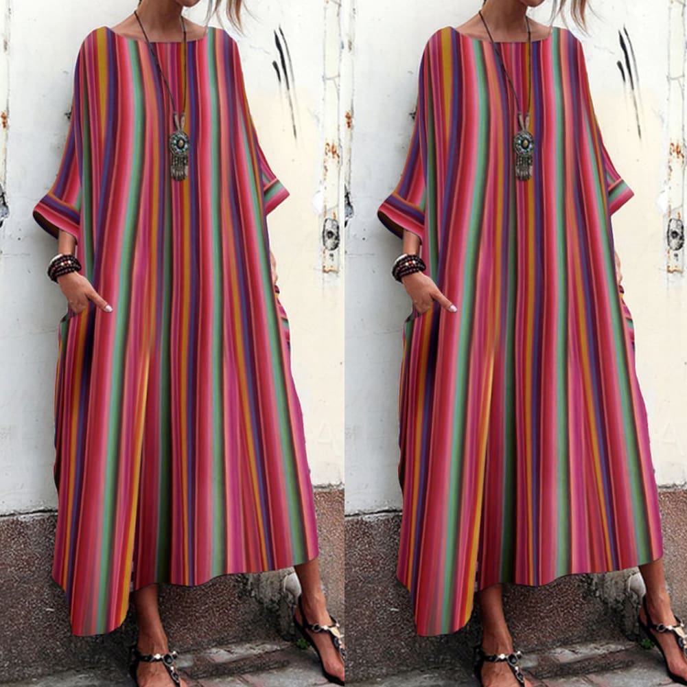 Women Ladies Baggy Summer Beach Holiday Dress New Fashion Striped Loose Long Sleeve Round Neck Dress Sundress