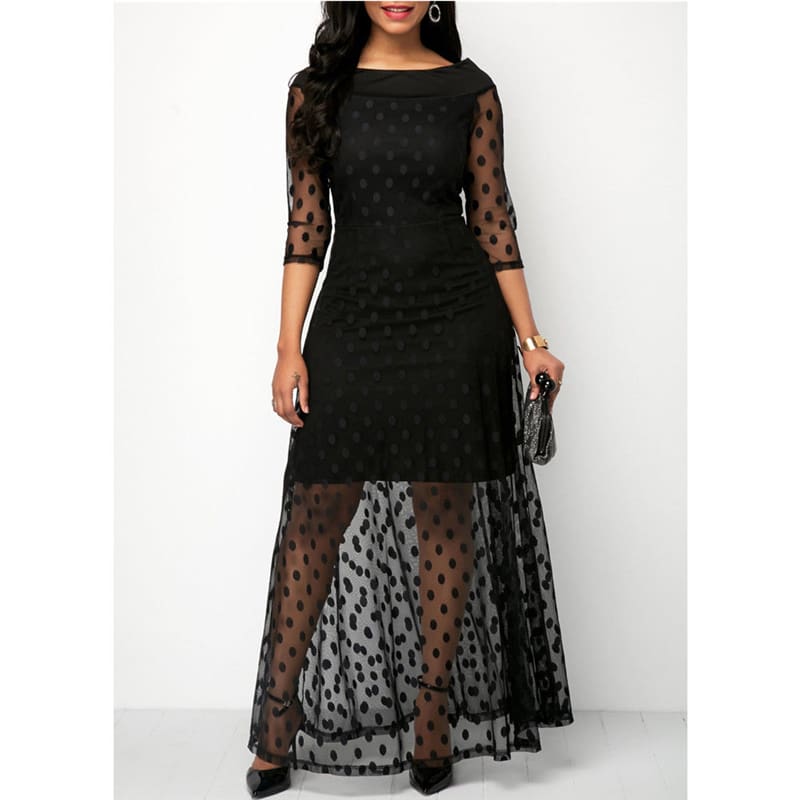 Summer Women Dress Polka Dot Print Lace Maxi Dresses For Women Elegant Ladies Dresses Casual Black Plus Size Evening Party Dress