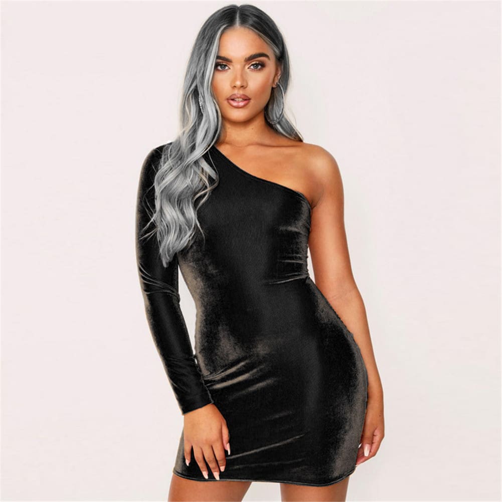 Women One Shoulder Bodycon Dress Ladies Long Sleeve Mini Pencil Dress Solid Club Skew Collar Dress 2023 Fashion Plain Dress