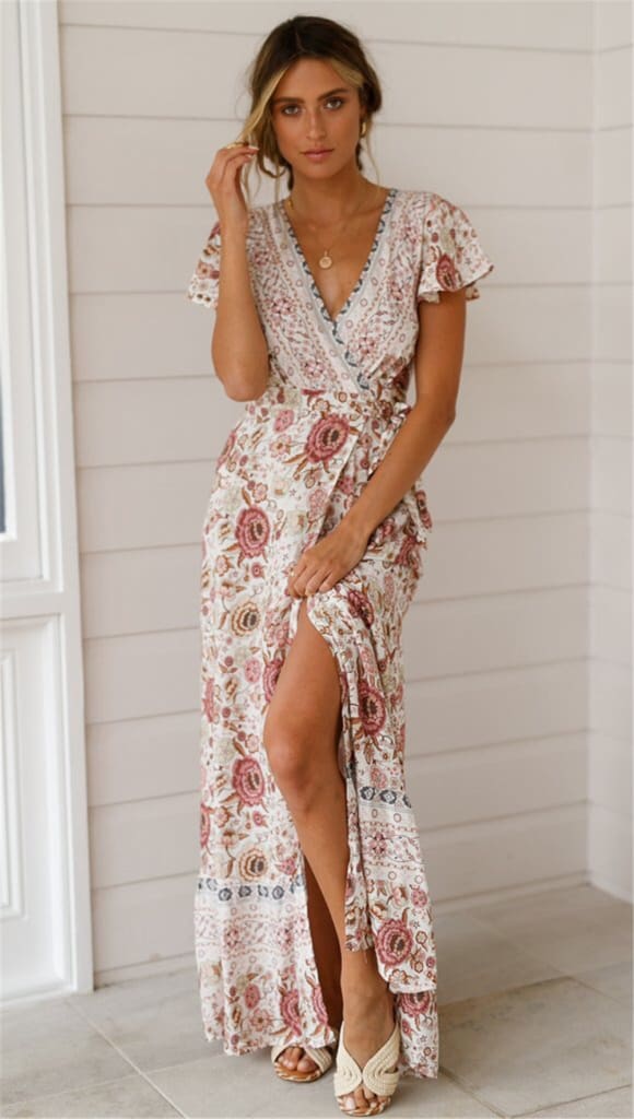 Holiday Long Dress Womens Boho Dresses Lady Boho Floral V-neck Long Maxi Dress Summer Beachwear Sundress