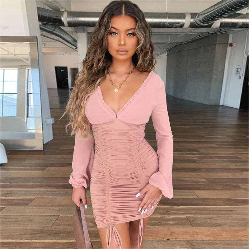 Women Mesh Sheer Long Sleeve Bandage Bodycon Evening Party Club Mini Dress Ladies Deep V Neck Backless Dress