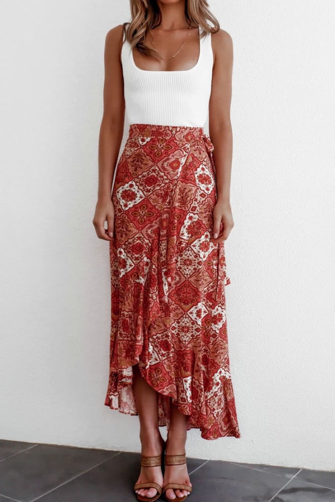 Women Boho Floral Jersey Gypsy High Waist Long Skirt Ladies Summer Beach Holiday Casual Ruffle Wrap Sundress