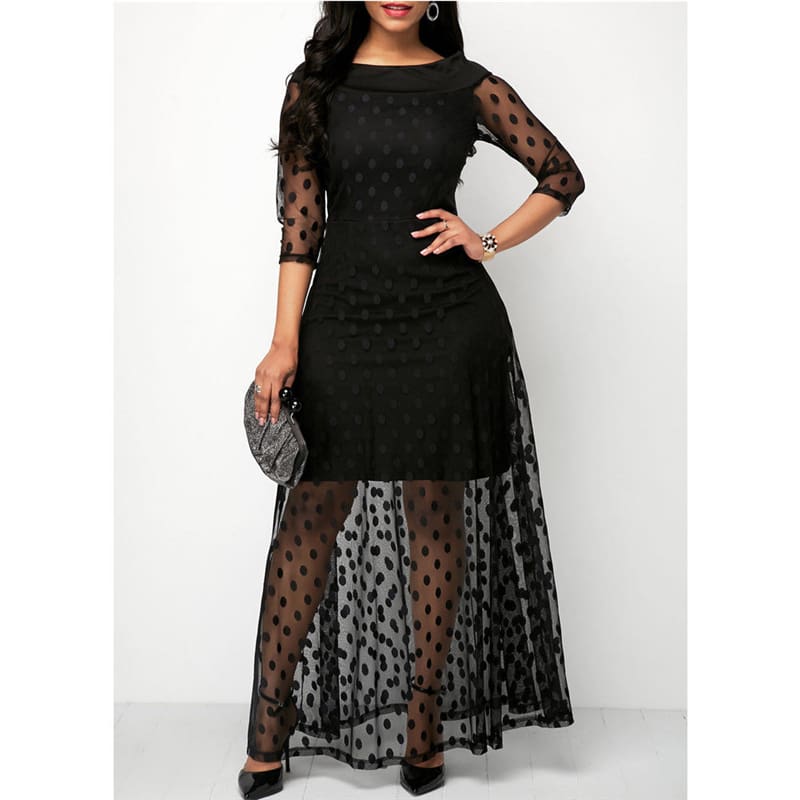 Summer Women Dress Polka Dot Print Lace Maxi Dresses For Women Elegant Ladies Dresses Casual Black Plus Size Evening Party Dress