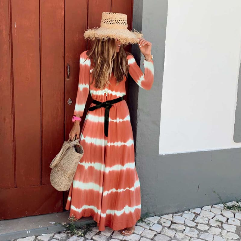 Women Boho Long Sleeve Striped V Neck Long Maxi Dress 2024 Fashion Ladies Autumn Fall Wrap Dresses Sundress