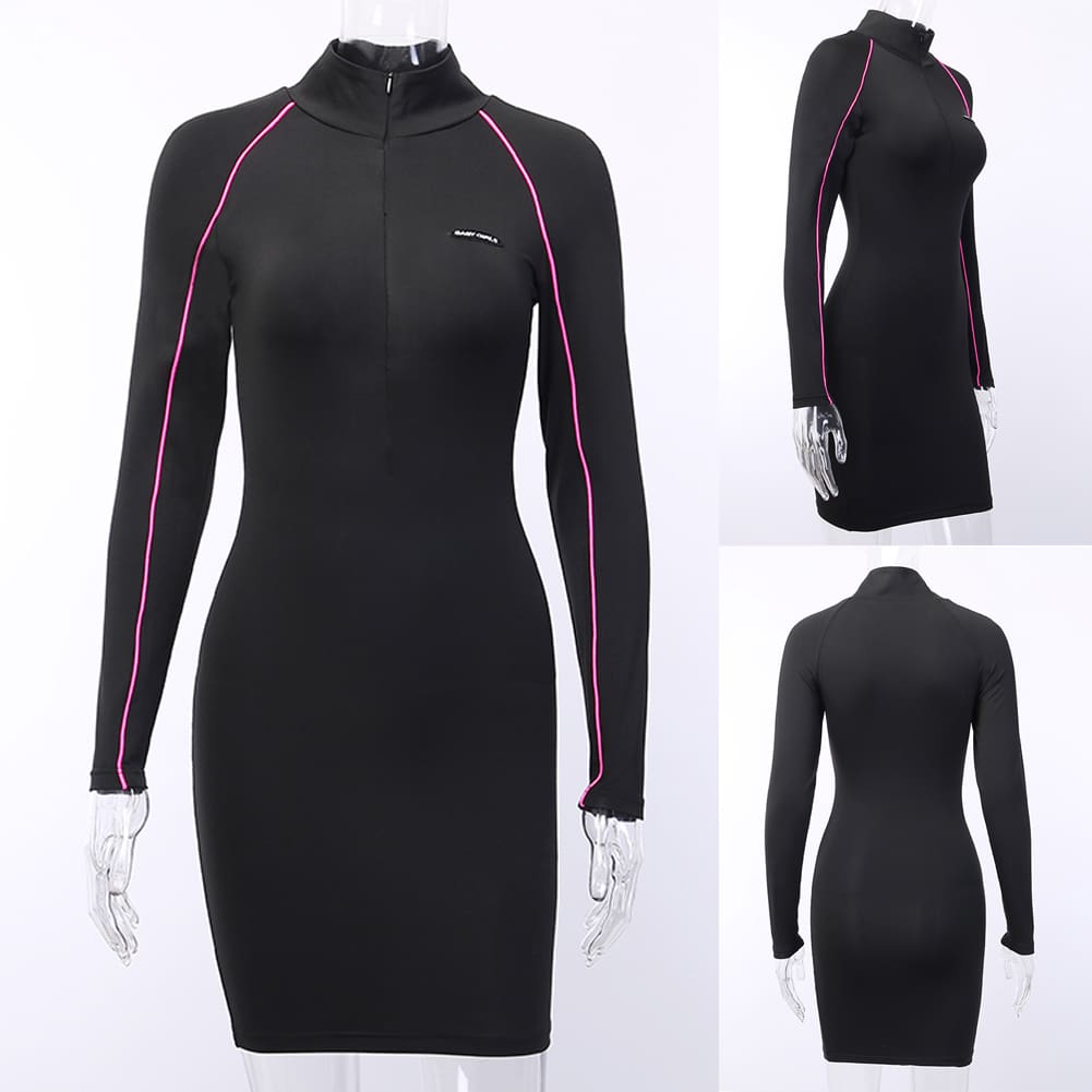 New Women Autumn Long Sleeve Zipper Dress Ladies High Collar Sport Long Tops Casual Mini Slim One Piece Dress