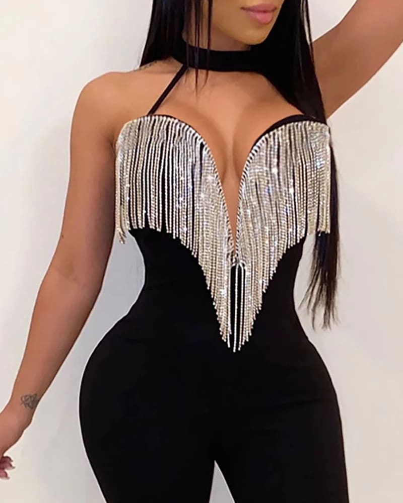 Women Lady Sequin Jumpsuit Romper Bodycon Backless Clubwear Party Long Pant Trouser Black Tassels Dress Outfit