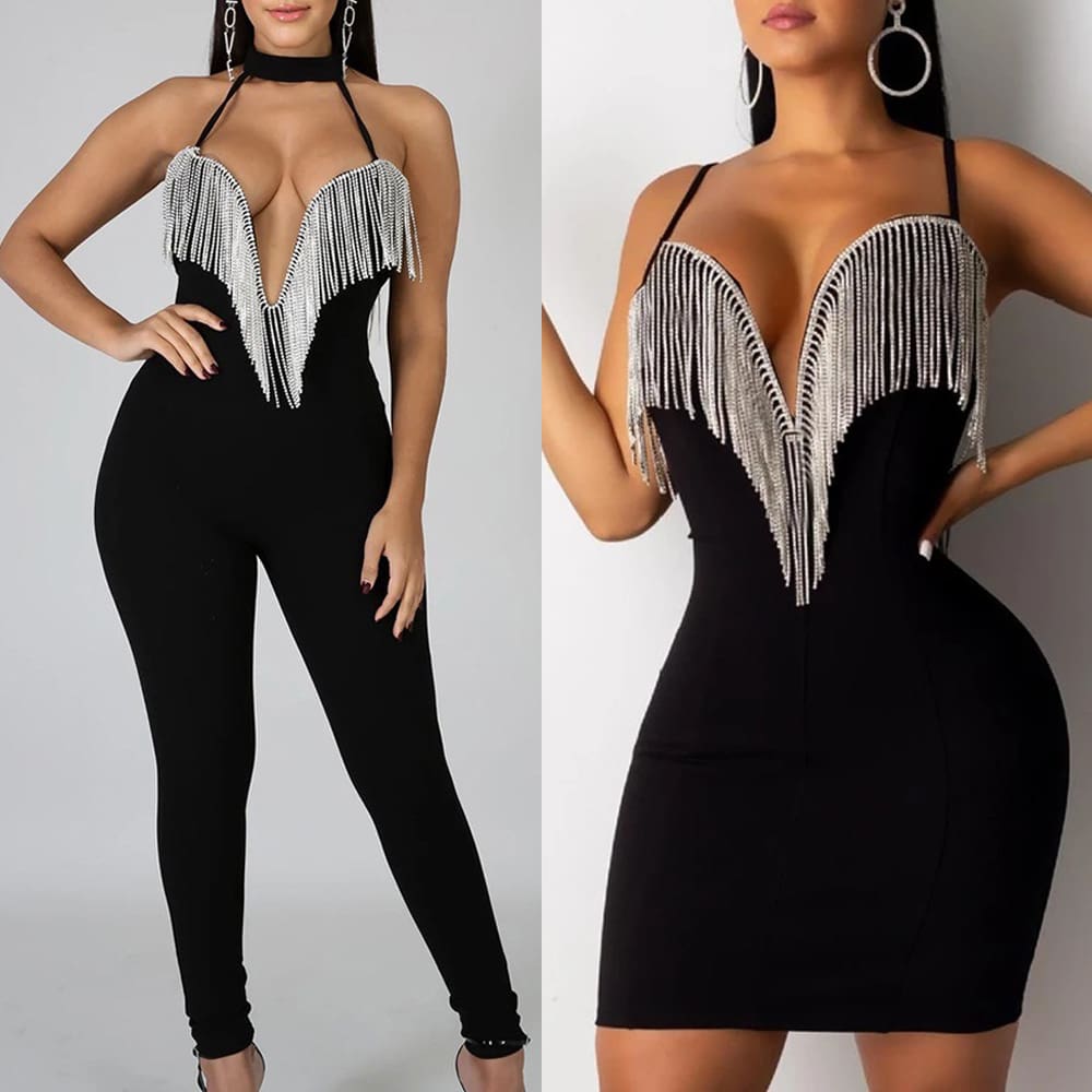 Women Lady Sequin Jumpsuit Romper Bodycon Backless Clubwear Party Long Pant Trouser Black Tassels Dress Outfit