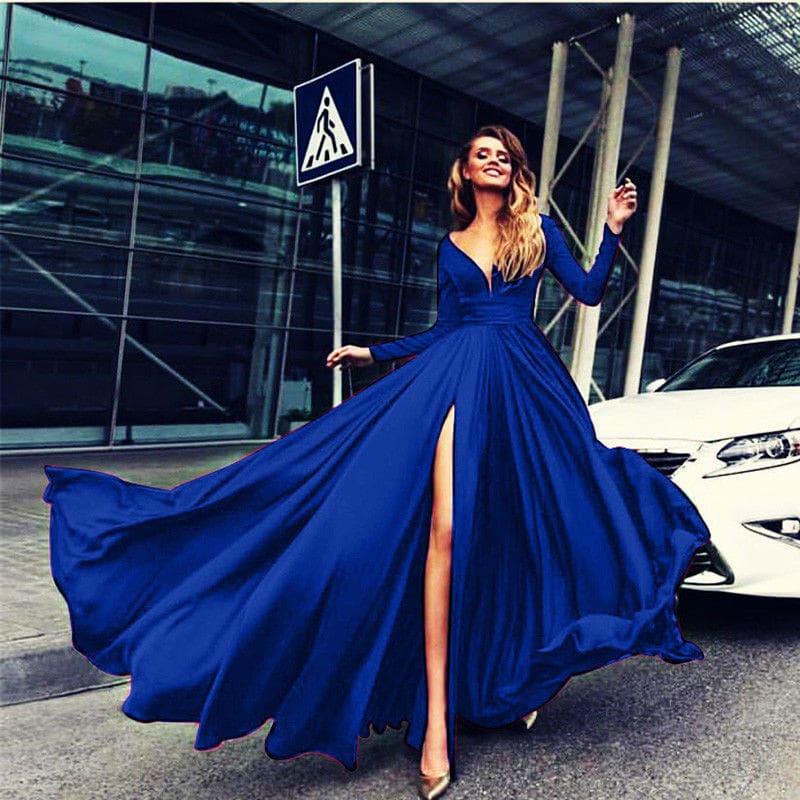 Women Autumn Long Sleeve Maxi Dress Elegant Split Formal Evening Party Dress Fashion V neck Women vestidos