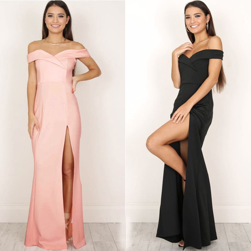 Hot Womens Off Shoulder Dresses Casual Long Maxi Evening Party Beach Long Dress Solid Pink Black V-neck Summer Costume