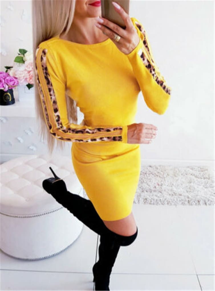 Fashion Womens Long Sleeve Stretch Package Hip Bodycon Mini Dress Ladies Autumn Casual Round Neck Slim Fit Party Dresses