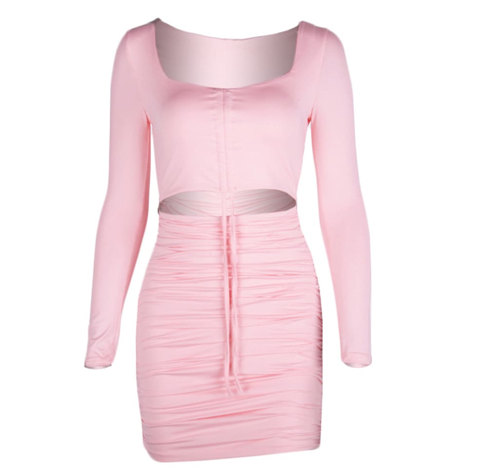 Women Long Sleeve Drawstring V Neck Mini Dress Ladies Casual Square Collar Party Bodycon Slim Fit Dress Clubwear