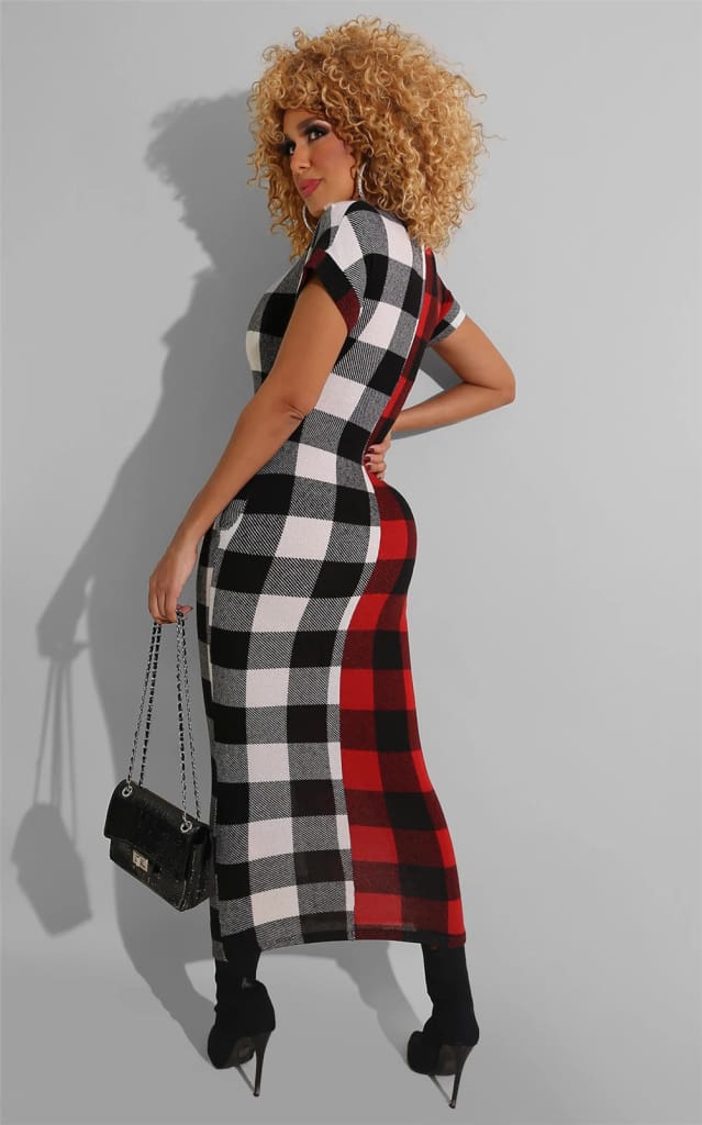 Women Sexy Plaid Bodycon Dress Cotton O-neck Long Sleeve Spring Autumn Casual Slim Jumper Midi Pencil Dress