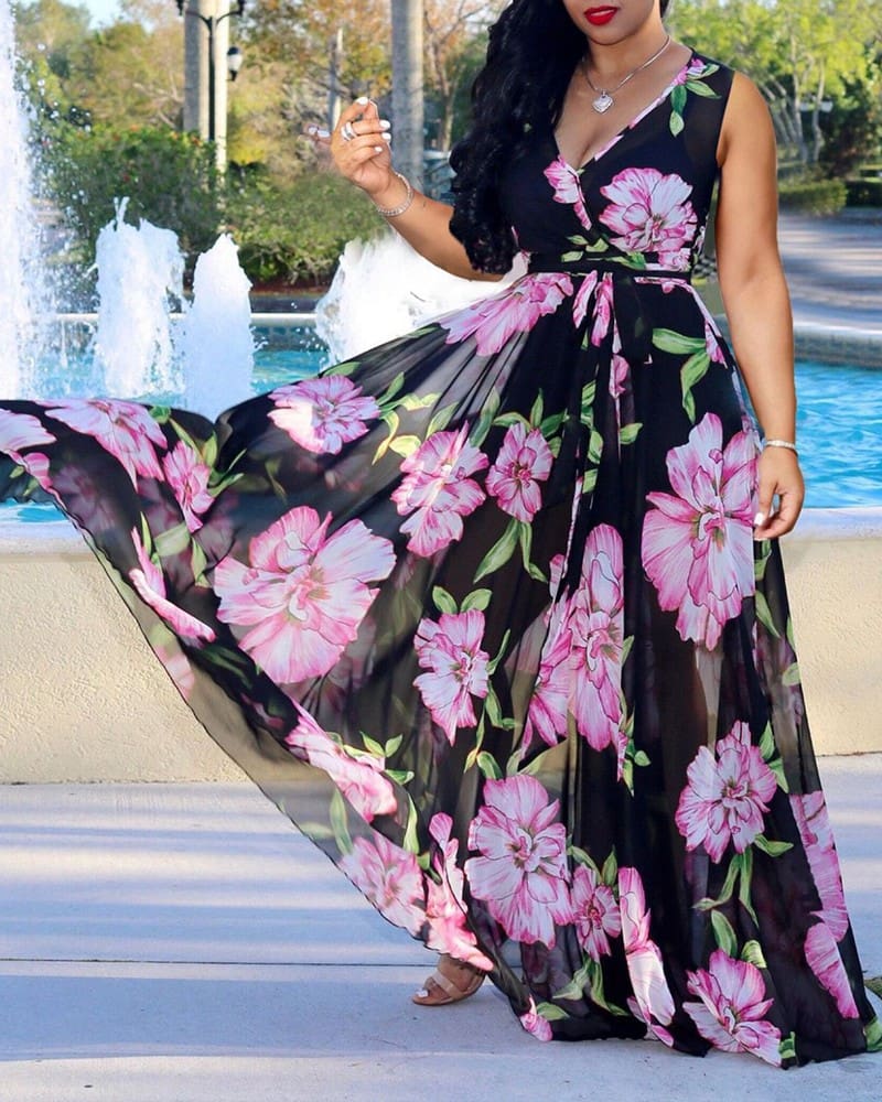 Boho Floral Long Maxi Dress Ladies Casual V Neck Sleeveless Party Holiday Beach Sundress