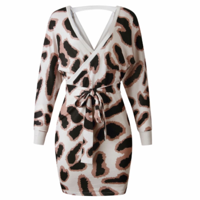 New Fashion Women Autumn Elegant Leopard Bodycon Dress Long Sleeve V-neck Backless Casual Vintage Dress