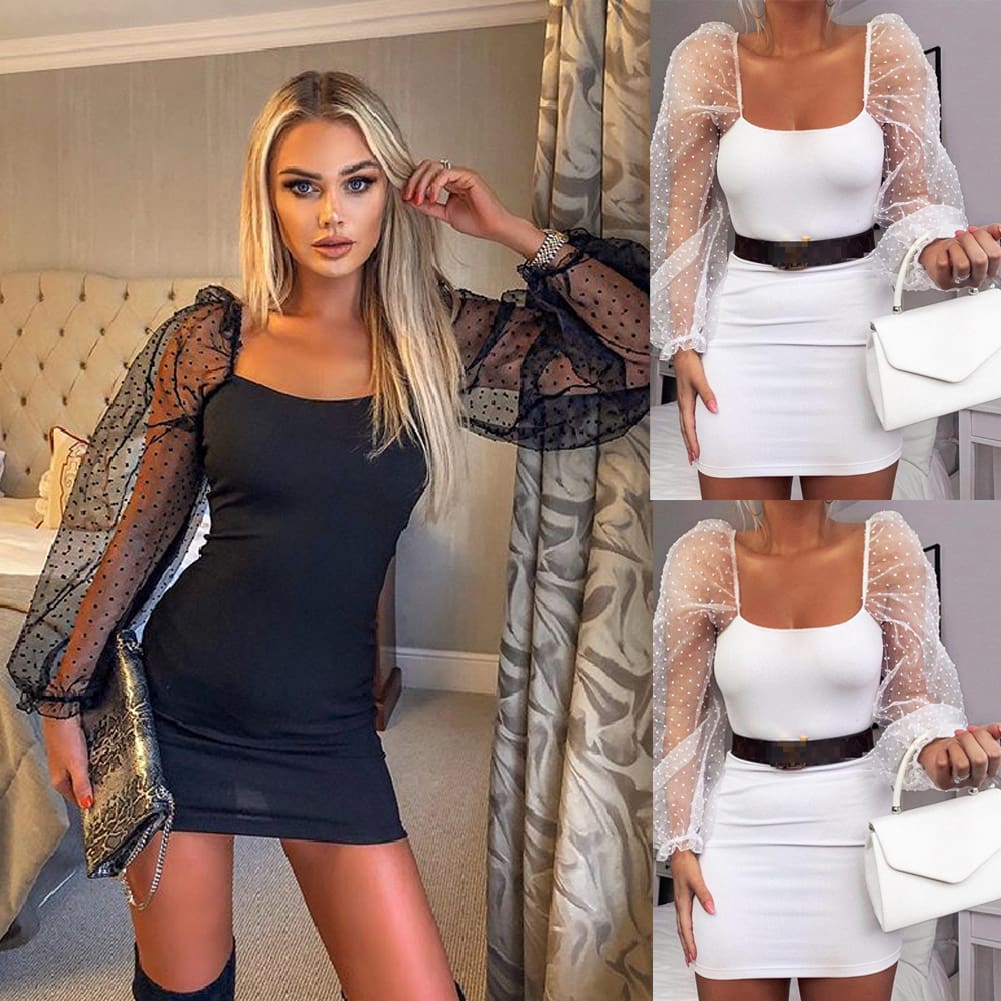 Bandage Autumn Women Bodycon Dress Slim Sheath Mesh Long Sleeve Dress