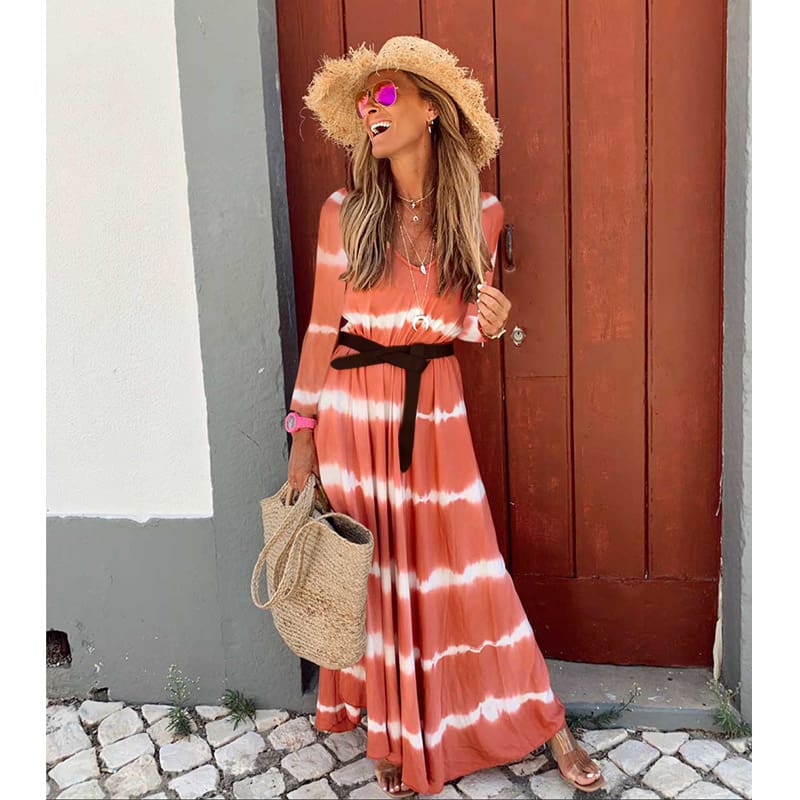 Women Boho Long Sleeve Striped V Neck Long Maxi Dress 2023 Fashion Ladies Autumn Fall Wrap Dresses Sundress