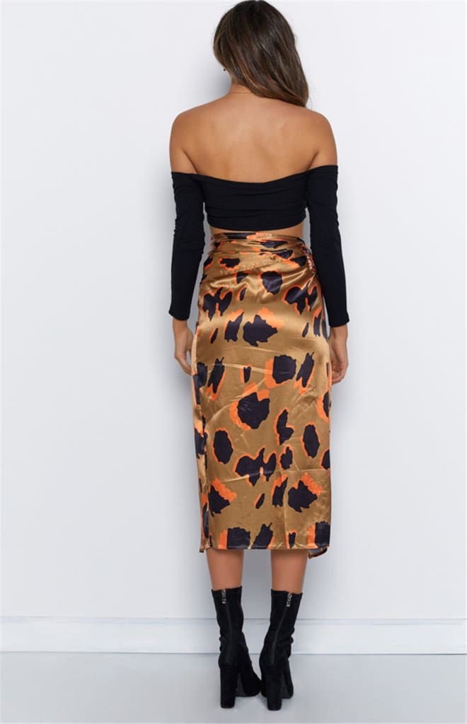 Women High Waist Leopard Print Split Midi Skirt Ladies Summer Holiday Casual Ruffle Asymmetric Wrap Sundress