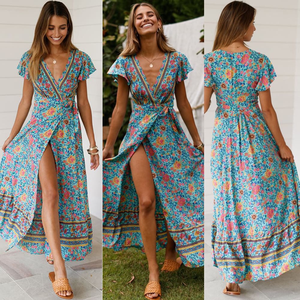 Holiday Long Dress Womens Boho Dresses Lady Boho Floral V-neck Long Maxi Dress Summer Beachwear Sundress