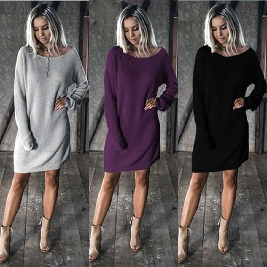 New Fashion Women O Neck Long Sleeve Dress Solid Color Loose Dress Ladies Casual Warm Mini Dress Winter