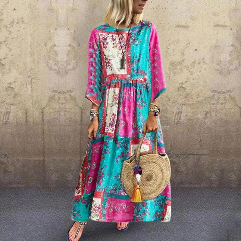 Boho Floral Long Maxi Sundress Ladies O-neck Long Sleeve Holiday Kaftan Casual Beach Sundress Plus Size