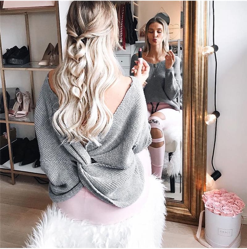 2019 Fashion Women Autumn Long Sleeve V Neck Tops Blouse Knitted Sweater Elegant Ladies Backless Pullover Tops Streetwear