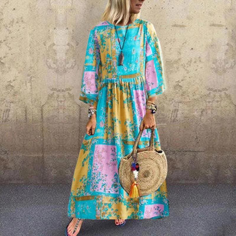 Boho Floral Long Maxi Sundress Ladies O-neck Long Sleeve Holiday Kaftan Casual Beach Sundress Plus Size