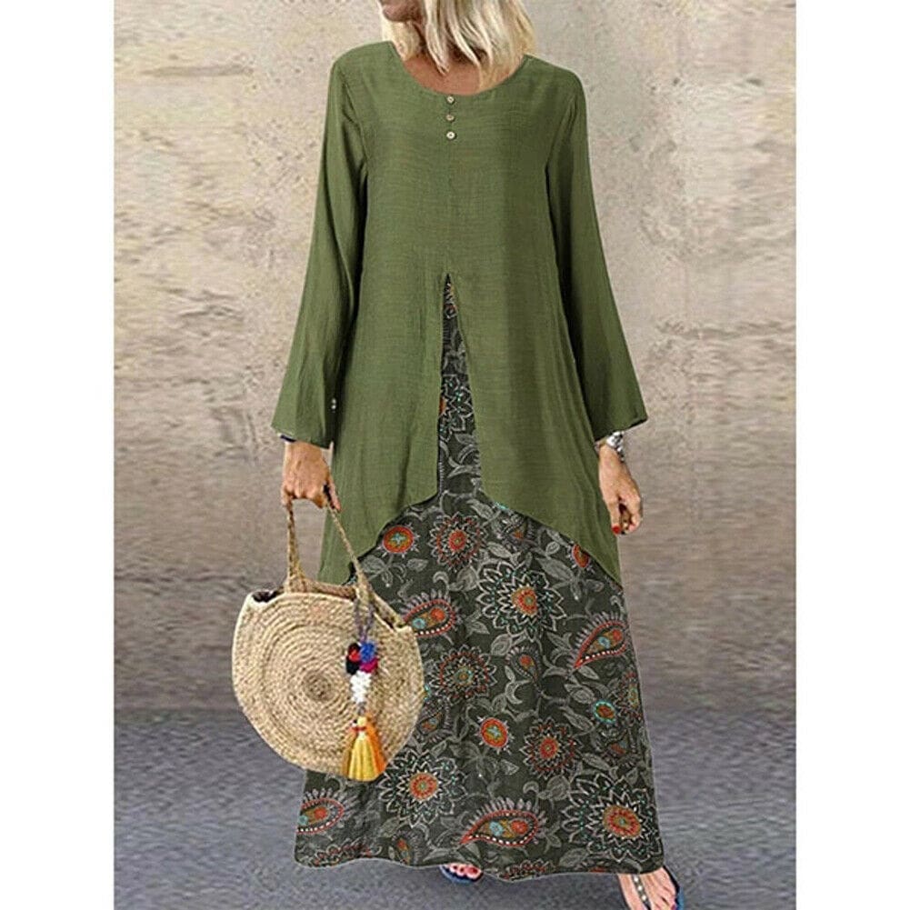 New Womens Peasant Ethnic Boho Long Shirt Vest Dress Summer Casual Long Sleeve Loose Kaftan Maxi Dress Sundress Plus Size