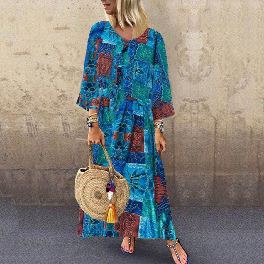 Boho Floral Long Maxi Sundress Ladies O-neck Long Sleeve Holiday Kaftan Casual Beach Sundress Plus Size