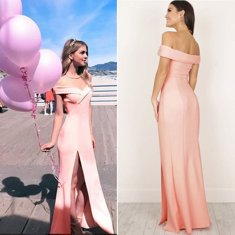 Hot Womens Off Shoulder Dresses Casual Long Maxi Evening Party Beach Long Dress Solid Pink Black V-neck Summer Costume