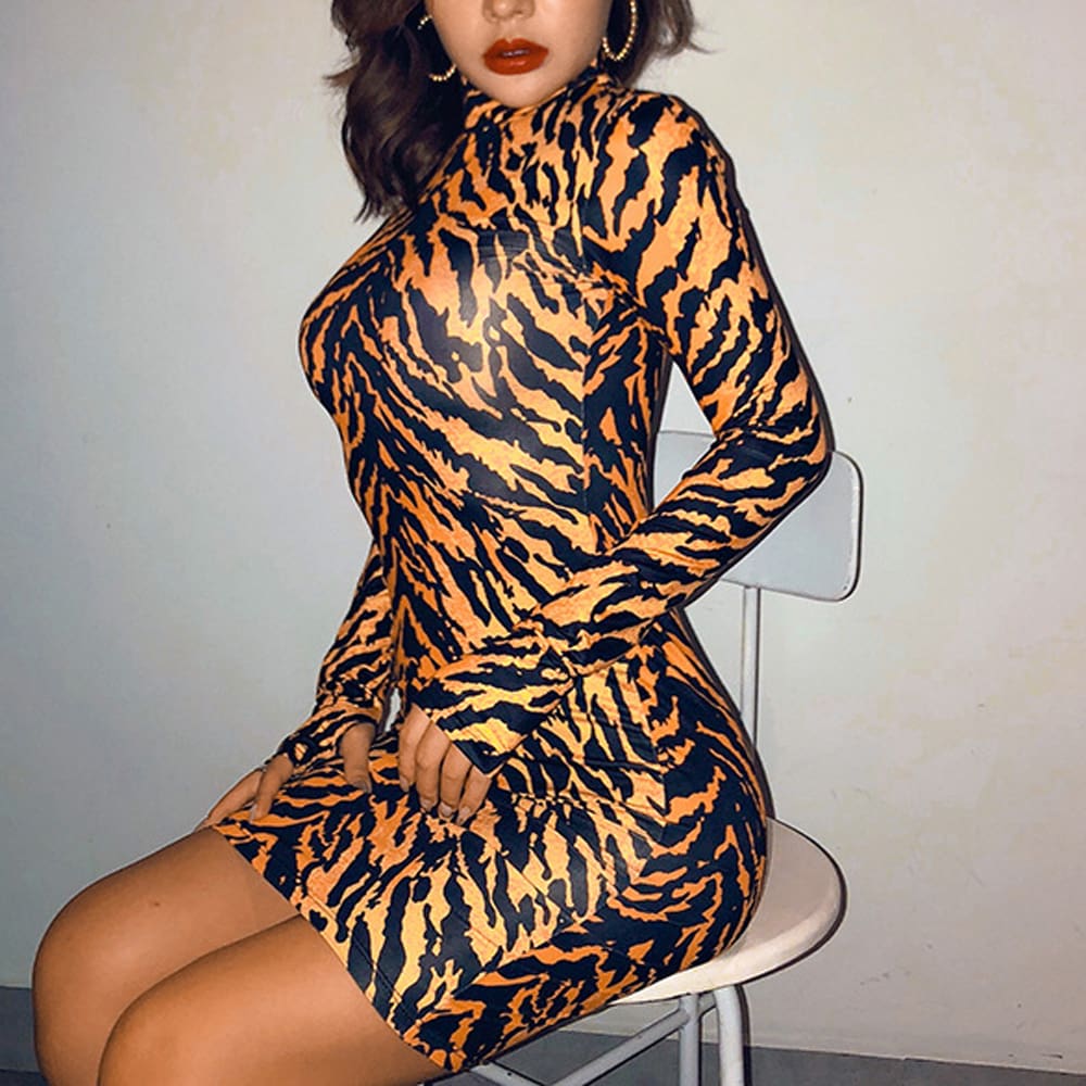 Leopard Dress Sexy Womens Lady Long Sleeve Bandage Bodycon Evening Party Short Mini Dress Slim Fit Clubwear