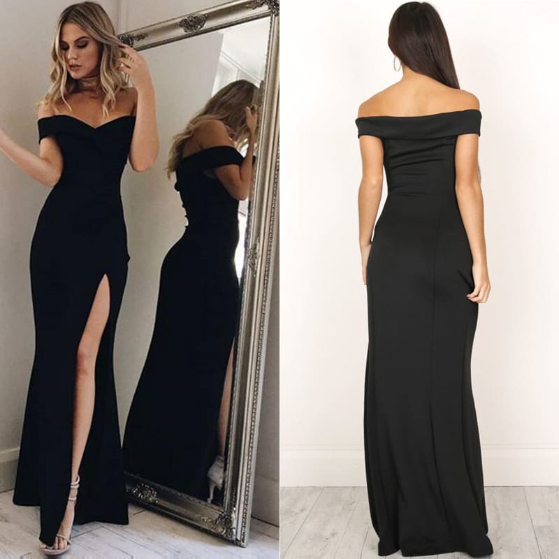 Hot Womens Off Shoulder Dresses Casual Long Maxi Evening Party Beach Long Dress Solid Pink Black V-neck Summer Costume