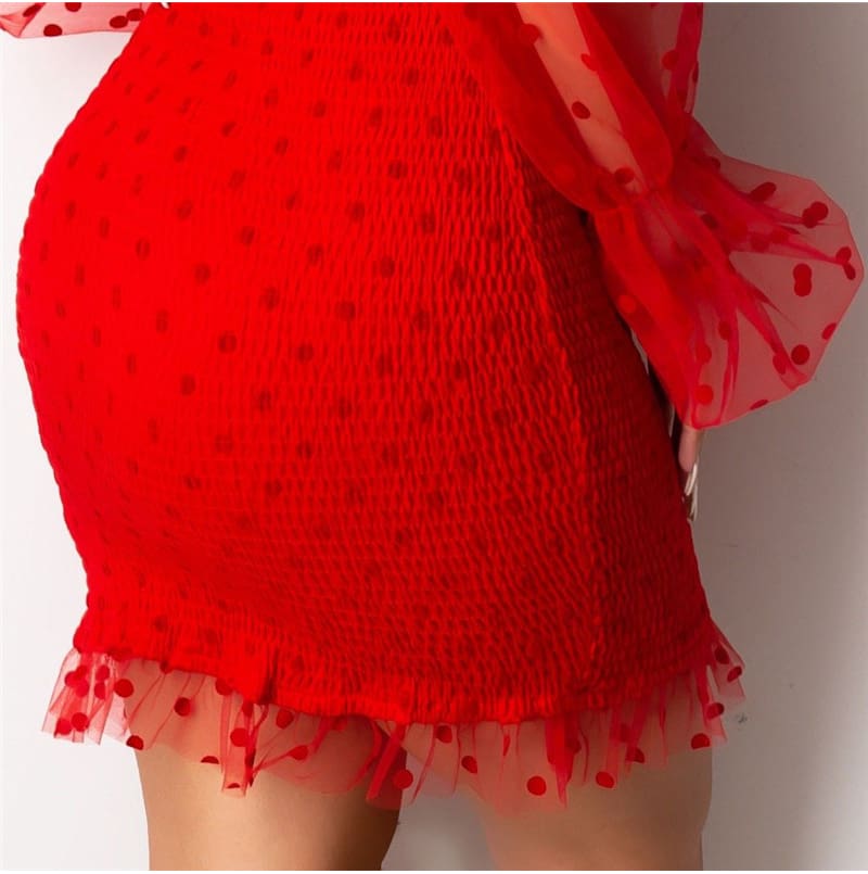 Fashion Women Sexy Mesh Puff Long Sleeve Bodycon Mini Dress Elegant Ruffles Bandage Party Club Ladies Dresses Streetwear