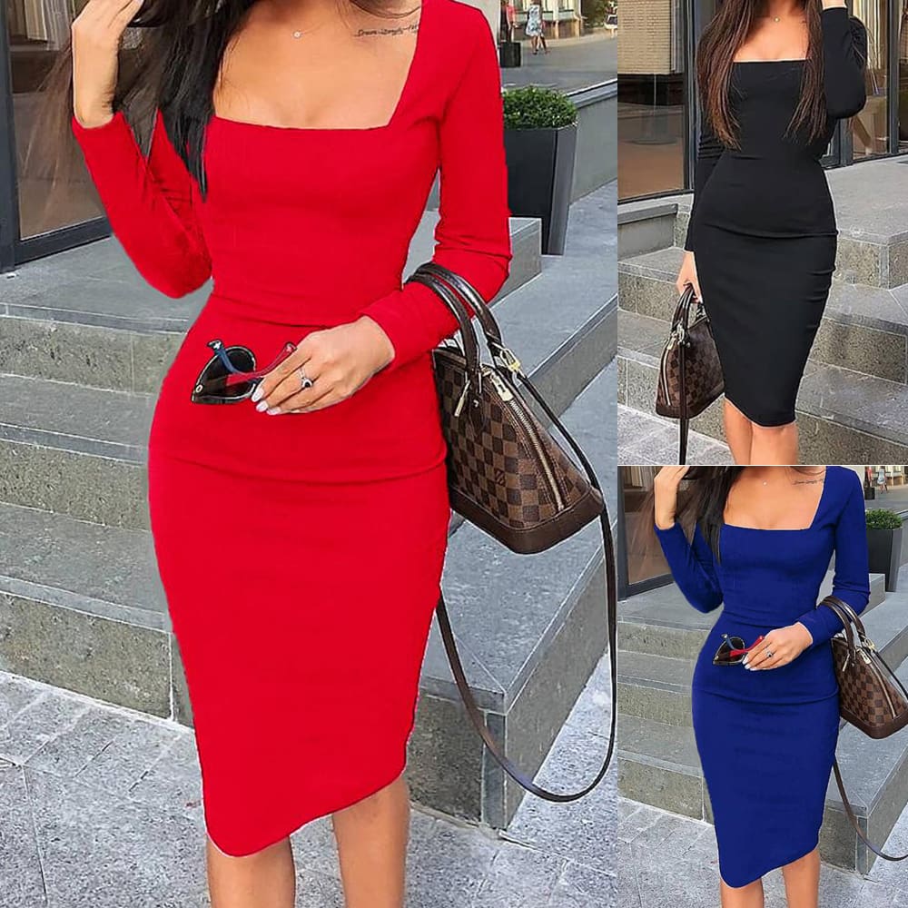 2019 Elegant Women Autumn Bandage Bodycon Knee-length Dress OL Ladies Casual Long Sleeve Evening Party Club Slim Fit Dress