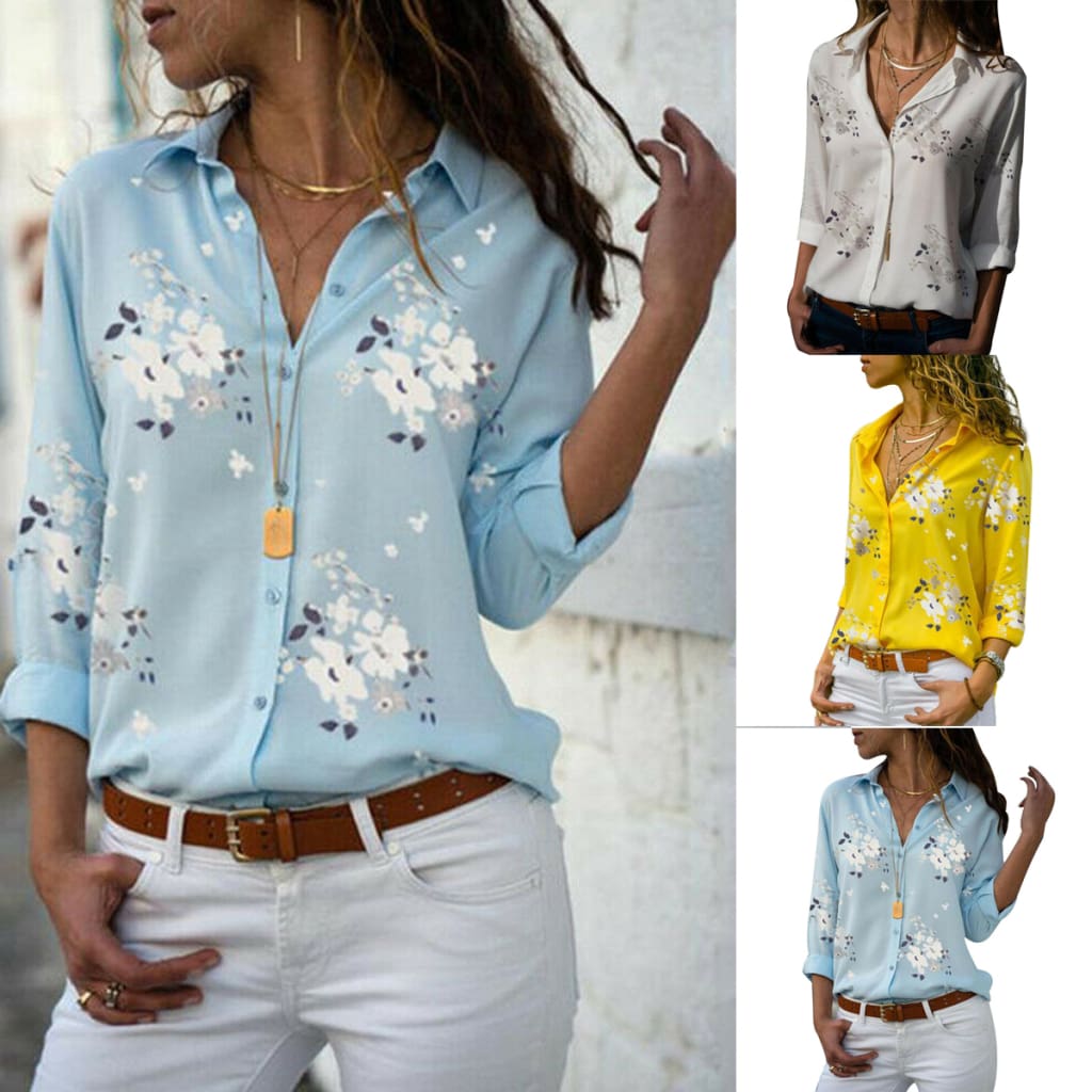Plus Size Women's Summer Floral Long Sleeve Button V-Neck Shirts Ladies ...