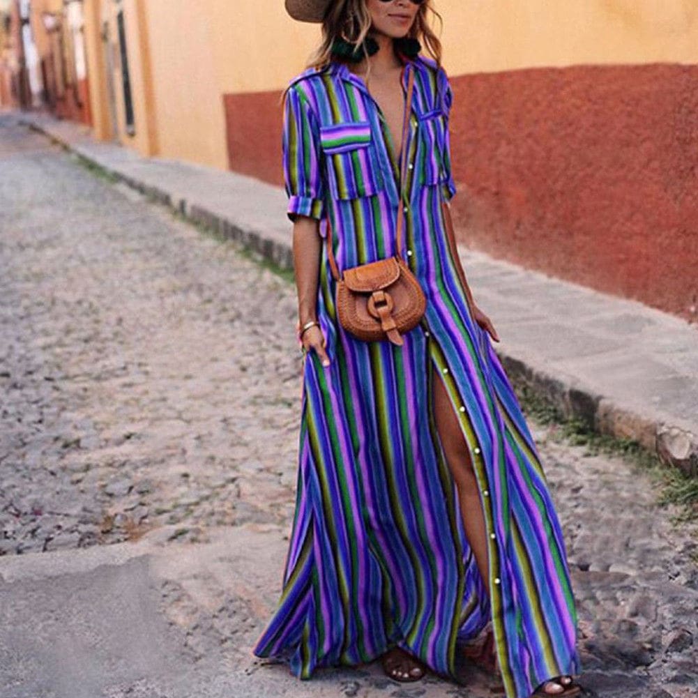 Womens Boho Beach Summer Holiday Maxi Dress Elegant Ladies Holiday Party Colours Rainbow Striped Sundress Streetwear Plus Size