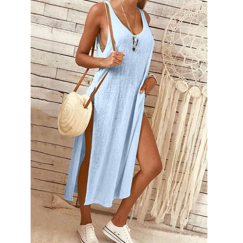 Summer Womens Solid Color Split Sleeveless V-Neck Loose Casual Party Bohemian Dress Holiday Beach Sundress