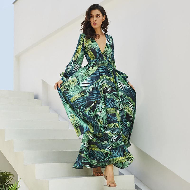 Vintage Women Boho Floral V-Neck Long Maxi Dress Summer Beach Elegant Ladies Casual Long Sleeve Holiday Party Sundress