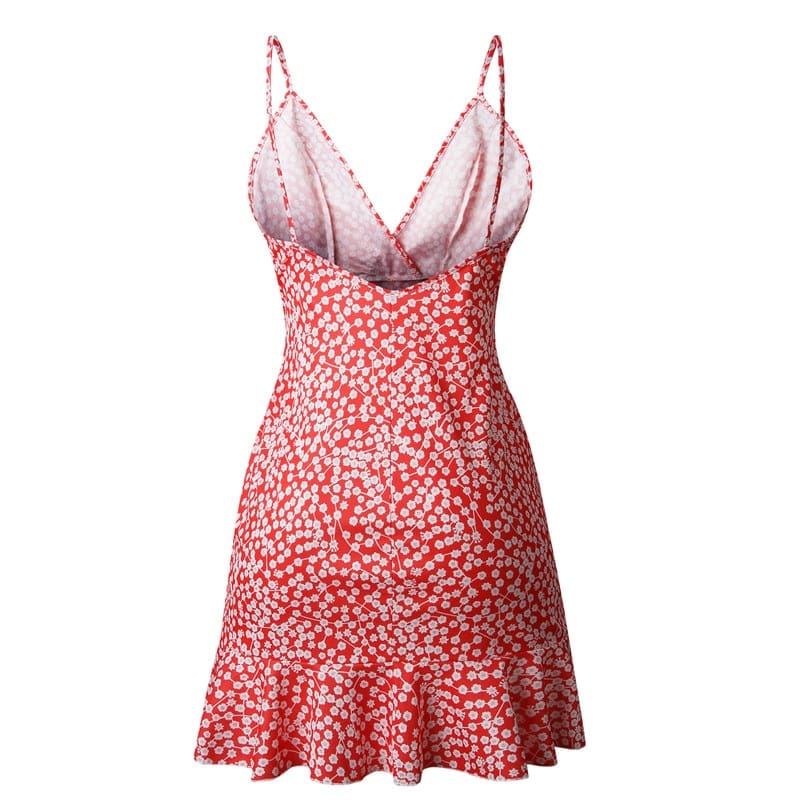 Print Ruffled Wrap Dress Women Strap Mini Sundress