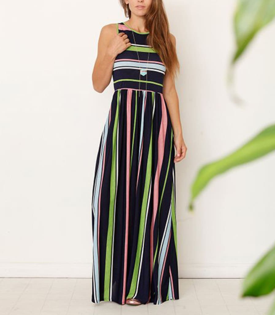 Women Ladies Boho Stripe Bodycon Sleeveless Maxi Dress Pocket High Waist Summer Beach Dress Sundress New