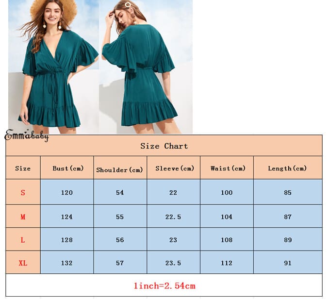 New Women Green V-neck Frill Mini Short Dress Ladies Short Sleeve Fashion Summer Beach Skater Slim Sundress