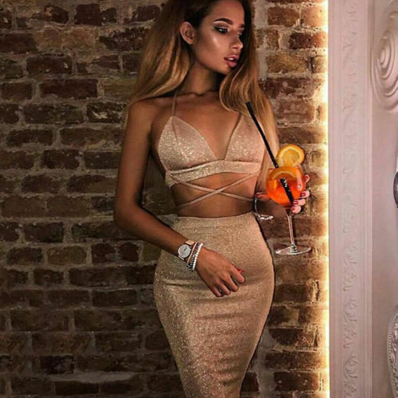 Women 2 Piece Set Party Dress Summer Ladies Casual Bandeau Cut Out Multi Tie Bodycon Slim Bardot Top Skirt Clubwear