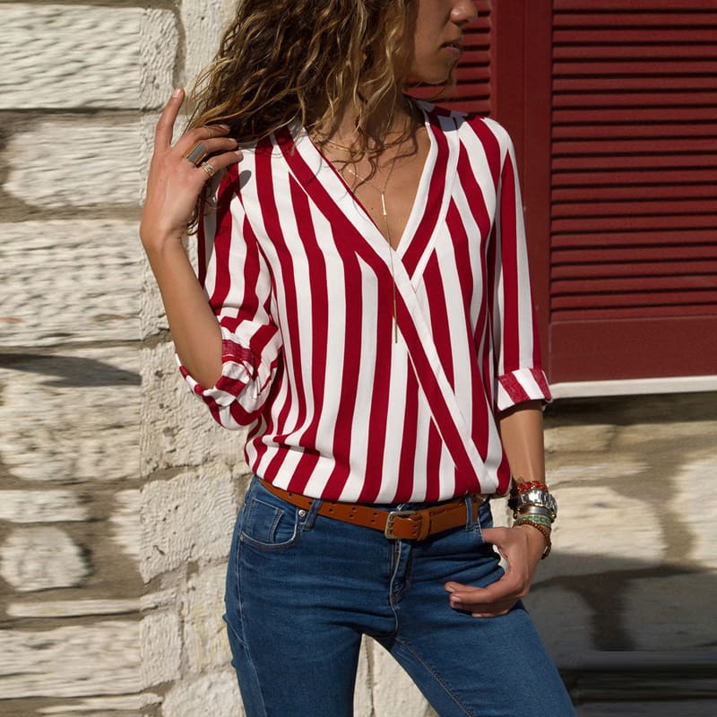 Hot Women Collar Striped Blouse Shirt Long Sleeve Blouse Fashion V-neck ...