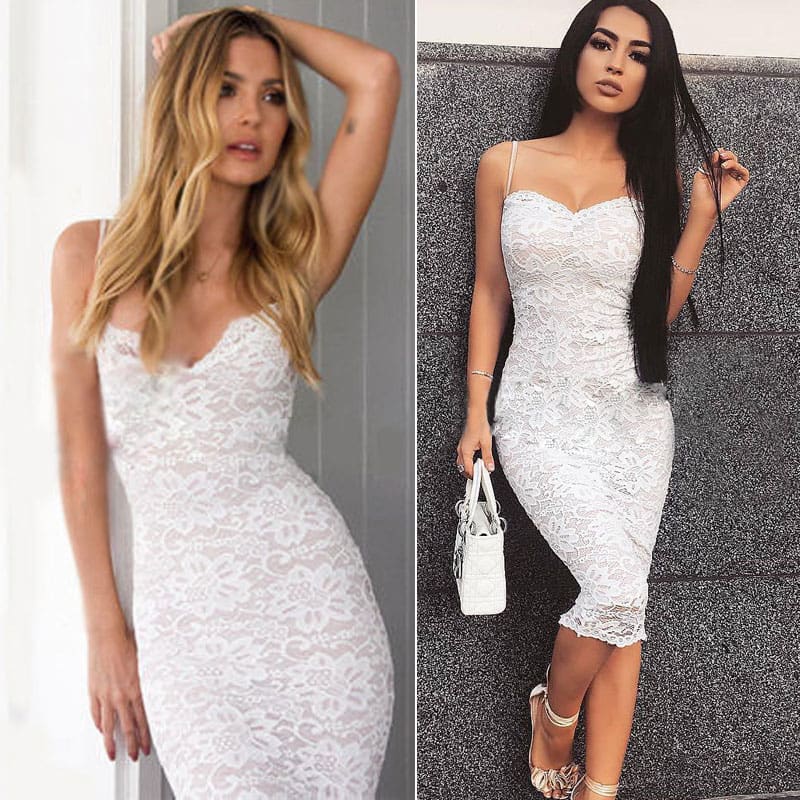 Women Summer Lace Elegant Party Bodycon Dress Ladies V-Neck Spaghetti Strap Knee-Length Womens Formal Dress