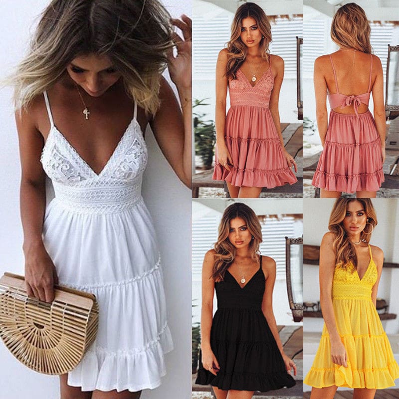 Fashion Women Girls Summer Bow Dresses Sexy Women V-neck High Waist Sleeveless Beach Backless Lace Patchwork Dress