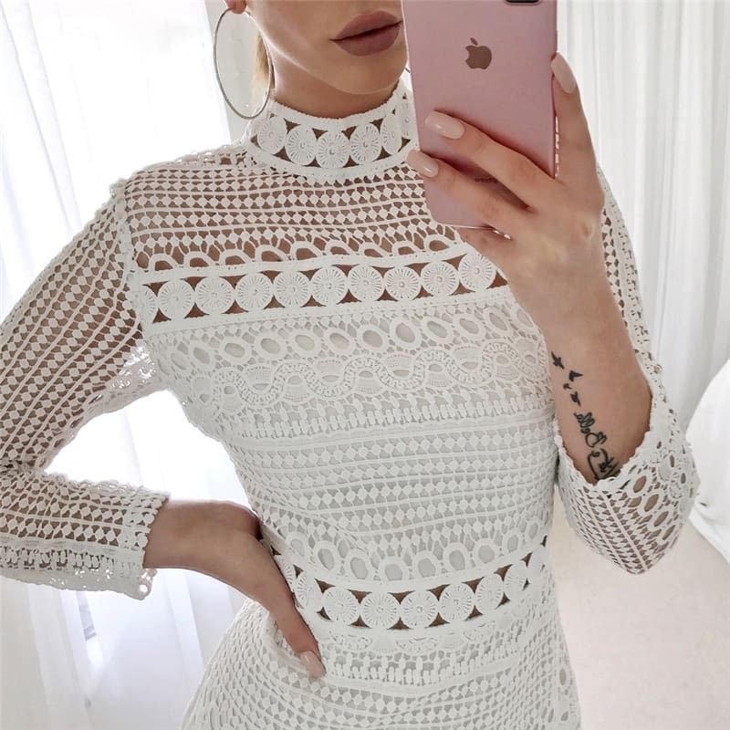 Fashion Womens Summer Lace Slim Mini Dress Ladies Casual Long Sleeve Lace Bodycon Wedding Party Cocktail Short Dress