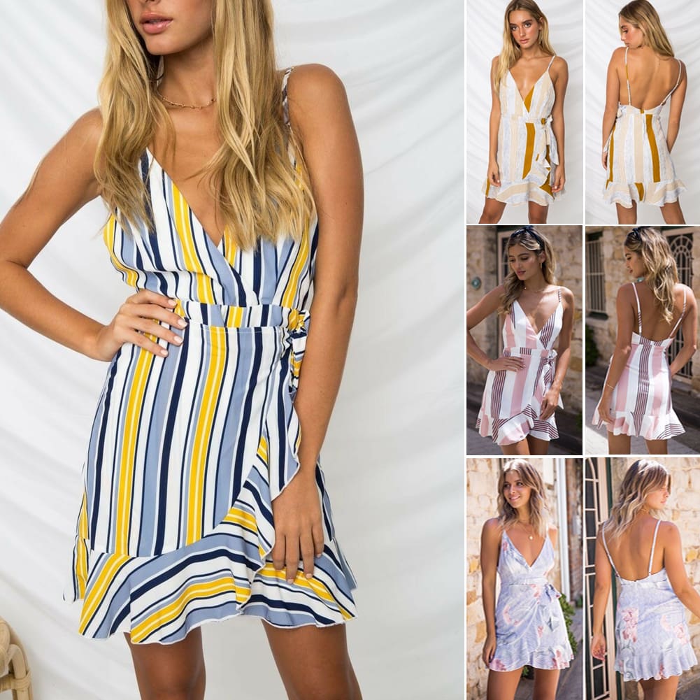 Women Boho Floral V-Neck Wrap Mini Dress Fashion Ladies Summer Holiday Party Sundress Casual Sleeveless Slim Dress