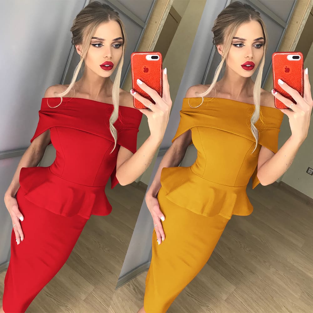 Women Elegant Summer Off Shoulder Ruffle Midi Dress Formal Work Office OL Ladies Bodycon Slim Pencil Dress