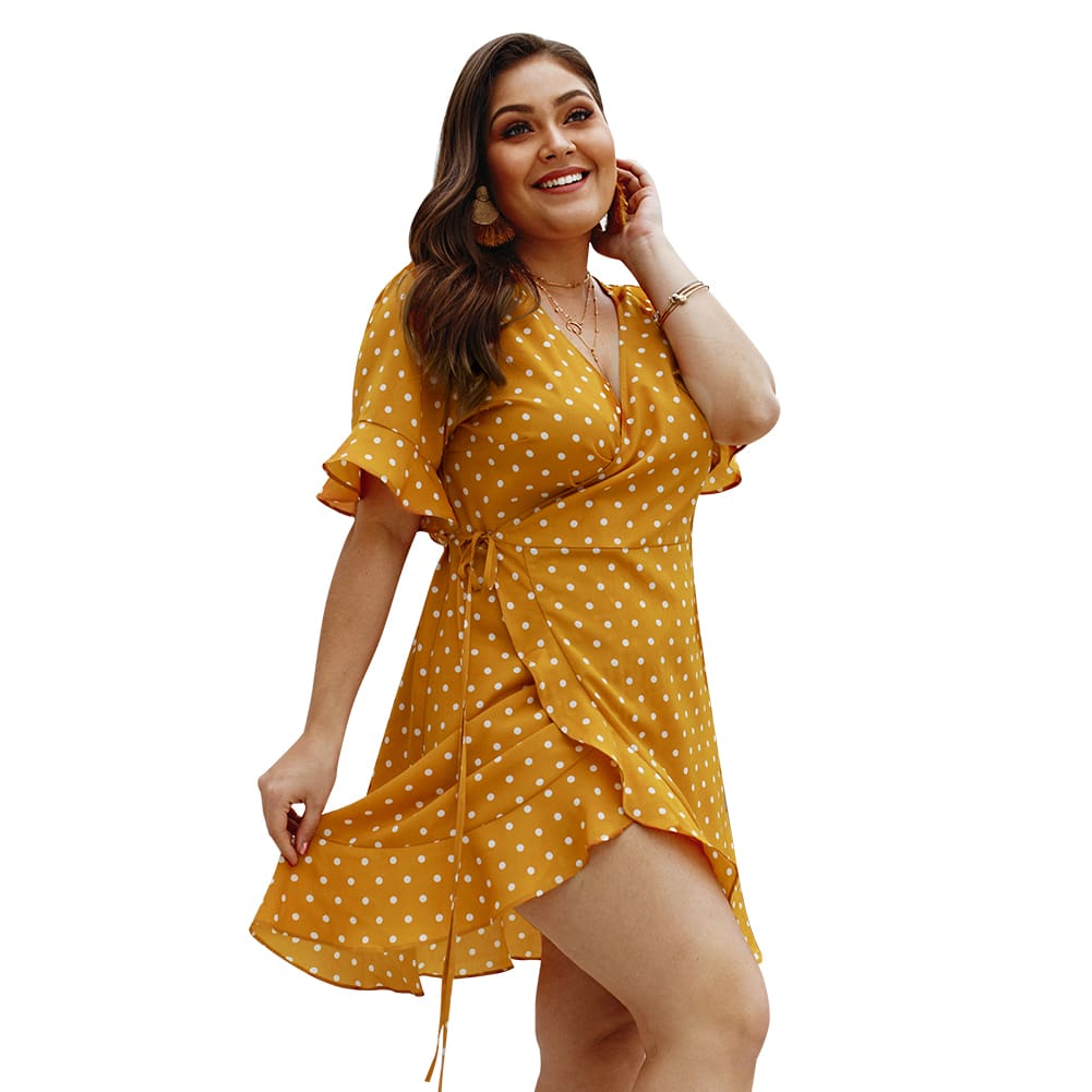 Plus Size Women Summer High Waist Polka Dot Boho Beach Dress New Fashion Ladies Beach Dress Casual Short Sleeve V-Neck Sundress