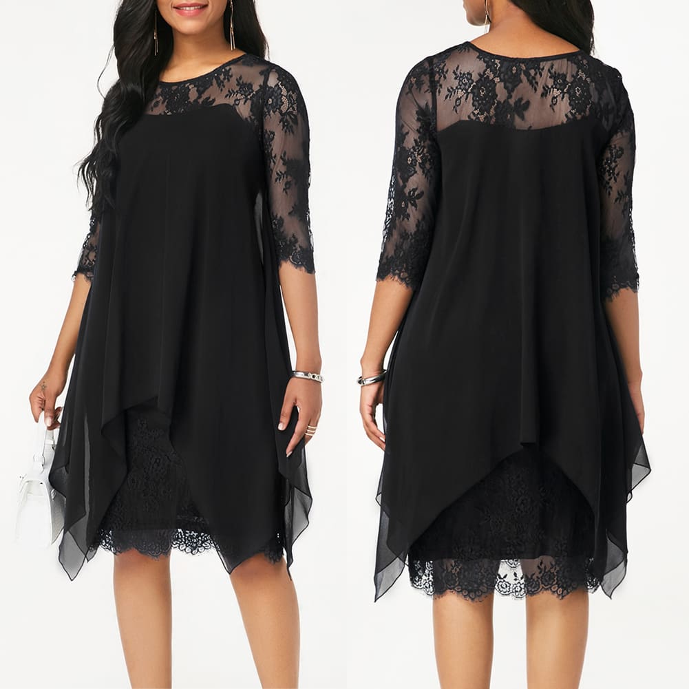 New Women 3/4 Sleeve Causal Loose Lace Evening Formal Dress Elegant Office Ladies Summer Party Beach Holiday Sundress