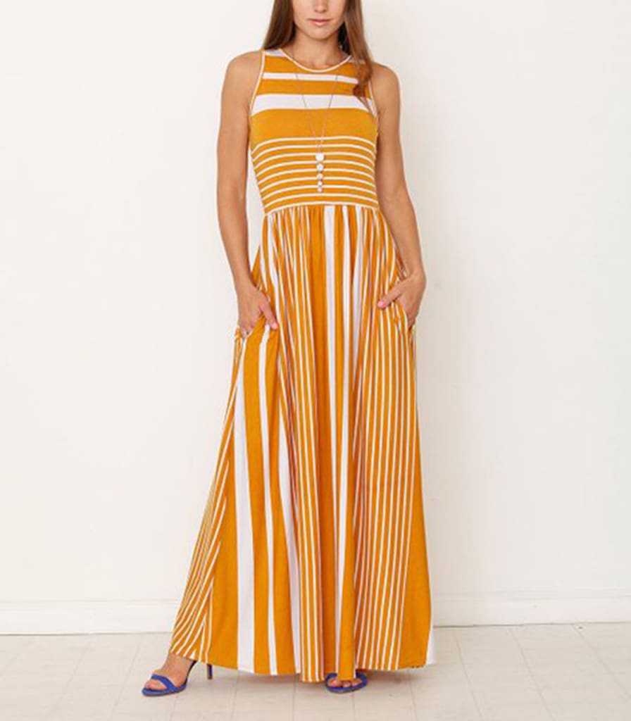 Women Ladies Boho Stripe Bodycon Sleeveless Maxi Dress Pocket High Waist Summer Beach Dress Sundress New